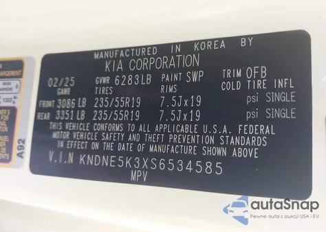 2025 Kia Carnival Mpv Sx z USA, uszkodzony, nr VIN KNDNE5K3XS6534585